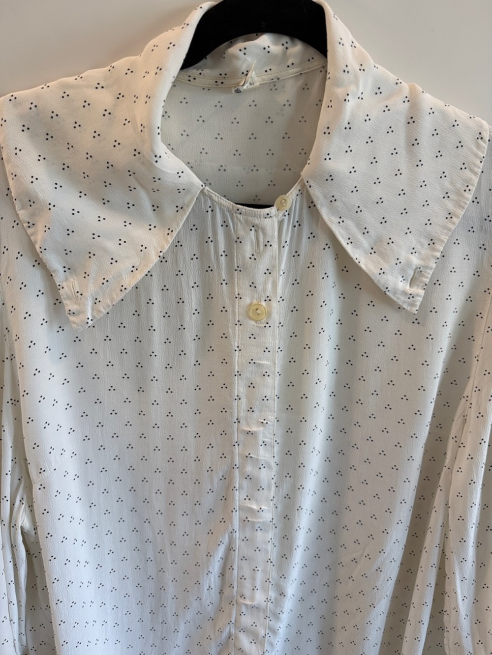 White Button-Up Blouse with Tiny Black Dot Pattern